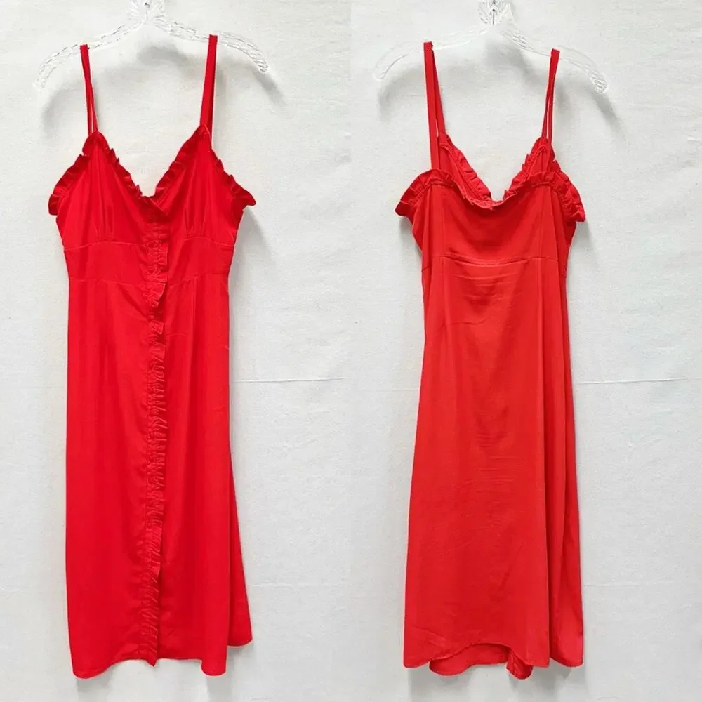 Topshop red ruffle accent button up sweetheart midi sunndress US size 8‎